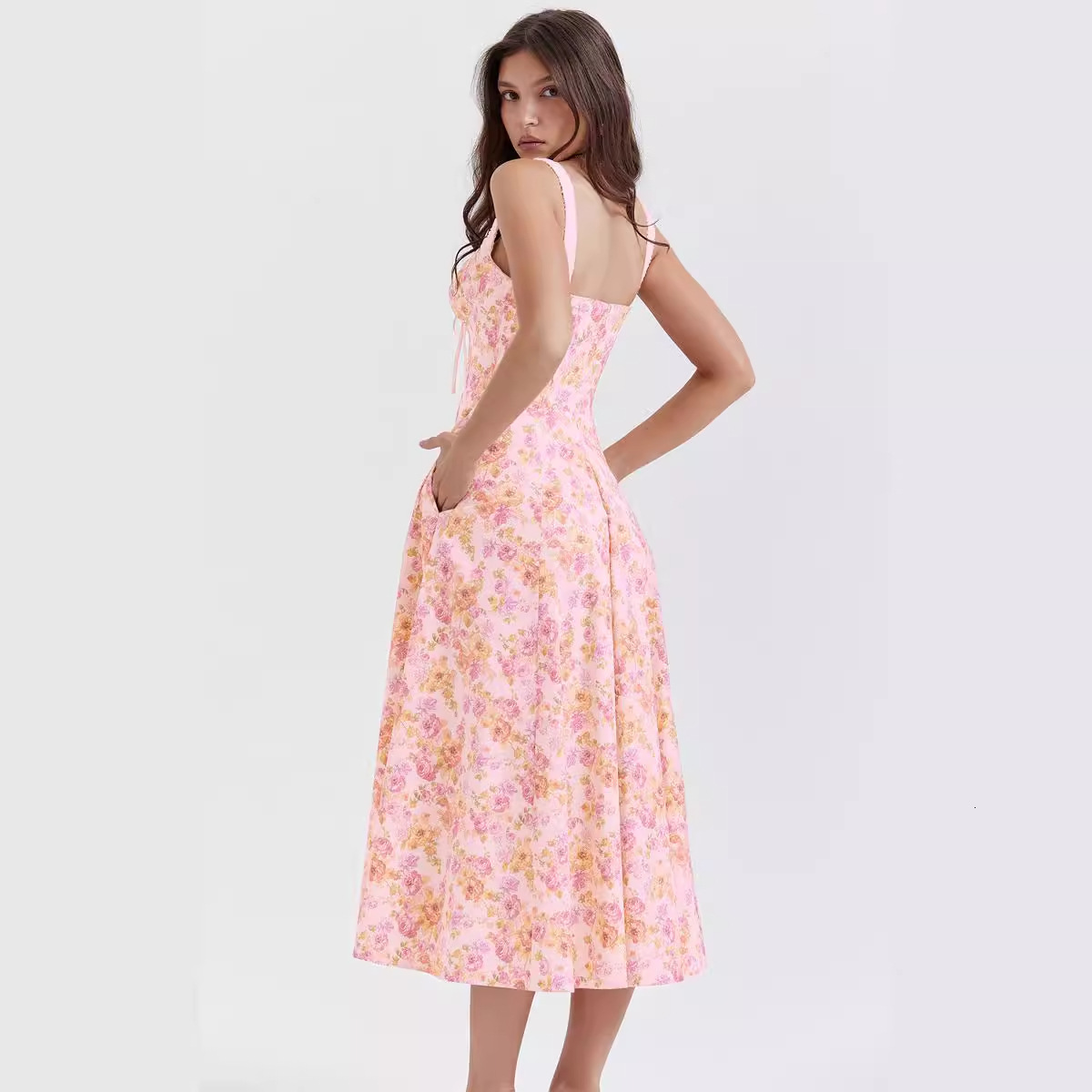 Womens Fashion 2024 Spring Summer New Sexy Strap Spliced Printed Tie Big Hem Dress