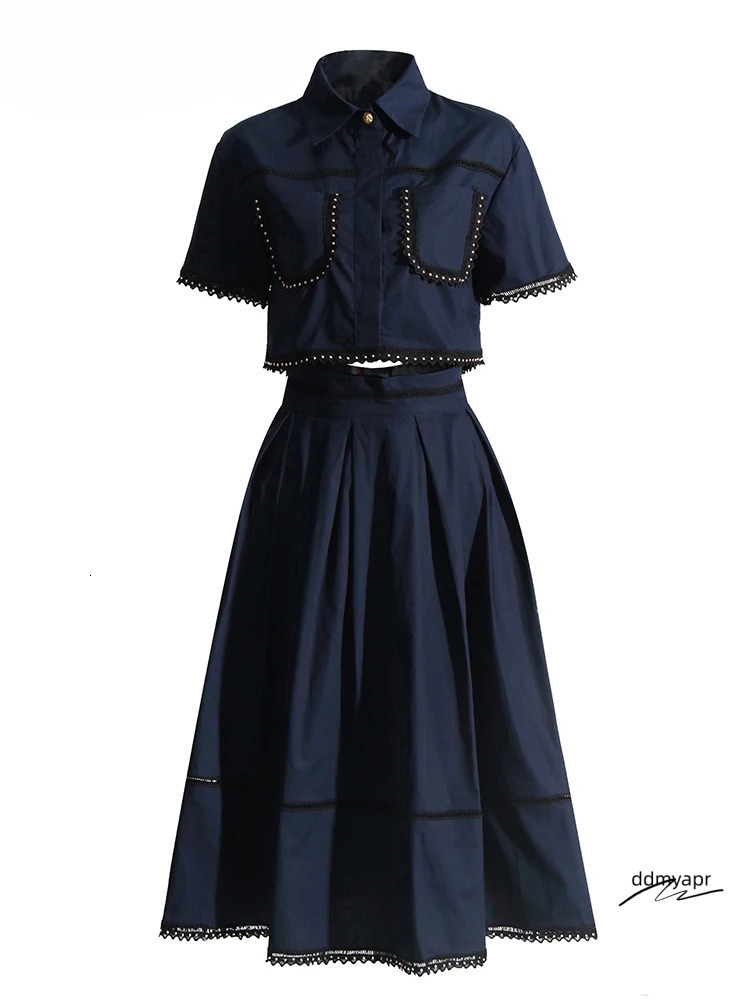 Solid Summer Two Piece Sets For Women Lapel Short Sleeve Tops ddmyday High Waist A E Skirt Slim Set Female Fashion New