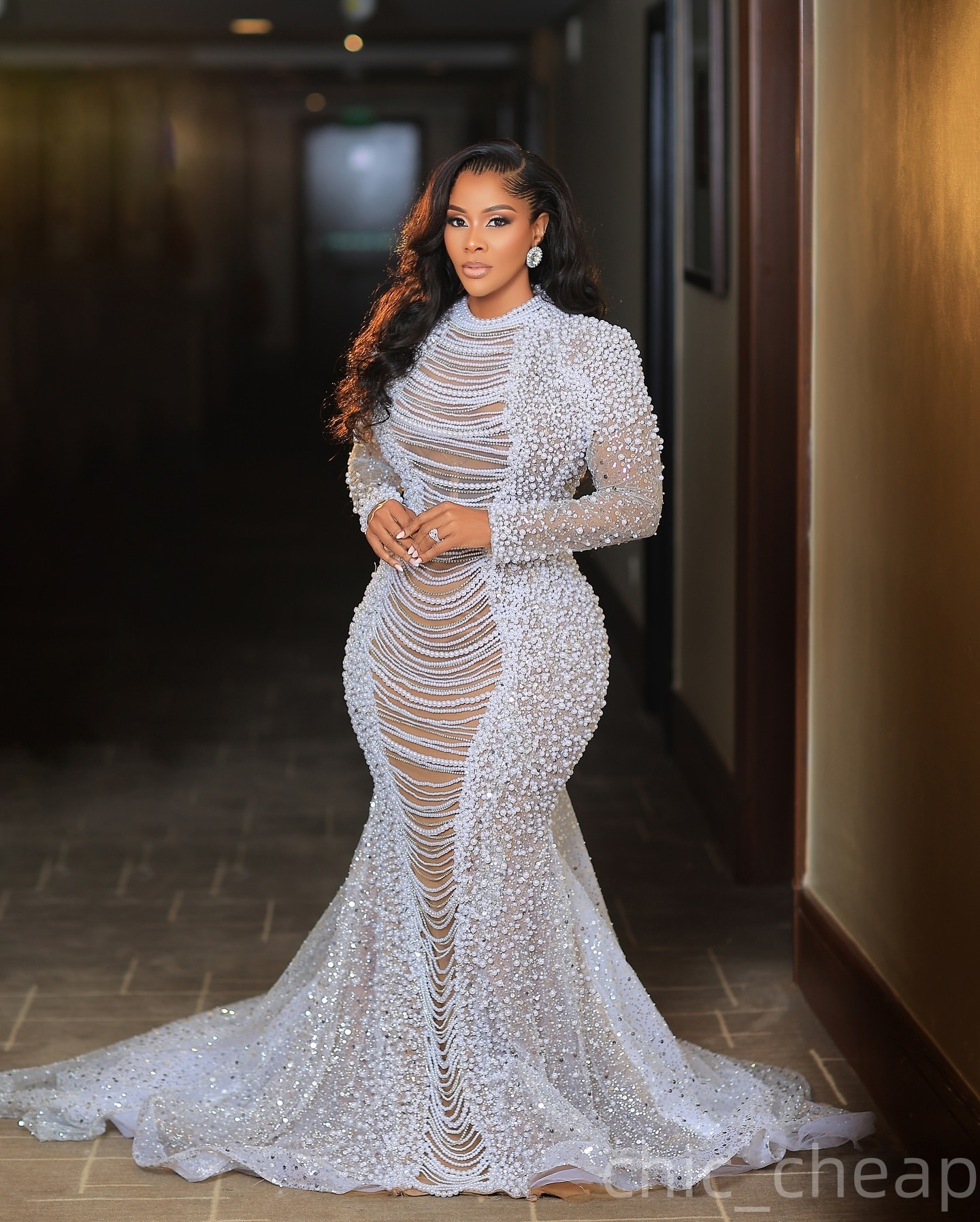 Aso Ebi Ivory Mermaid Prom Dresses 2025 Pearls Beadings Illusion Full Sleeves Evening Formal Party Second Birthday Engagement Dress Gowns robe de mari