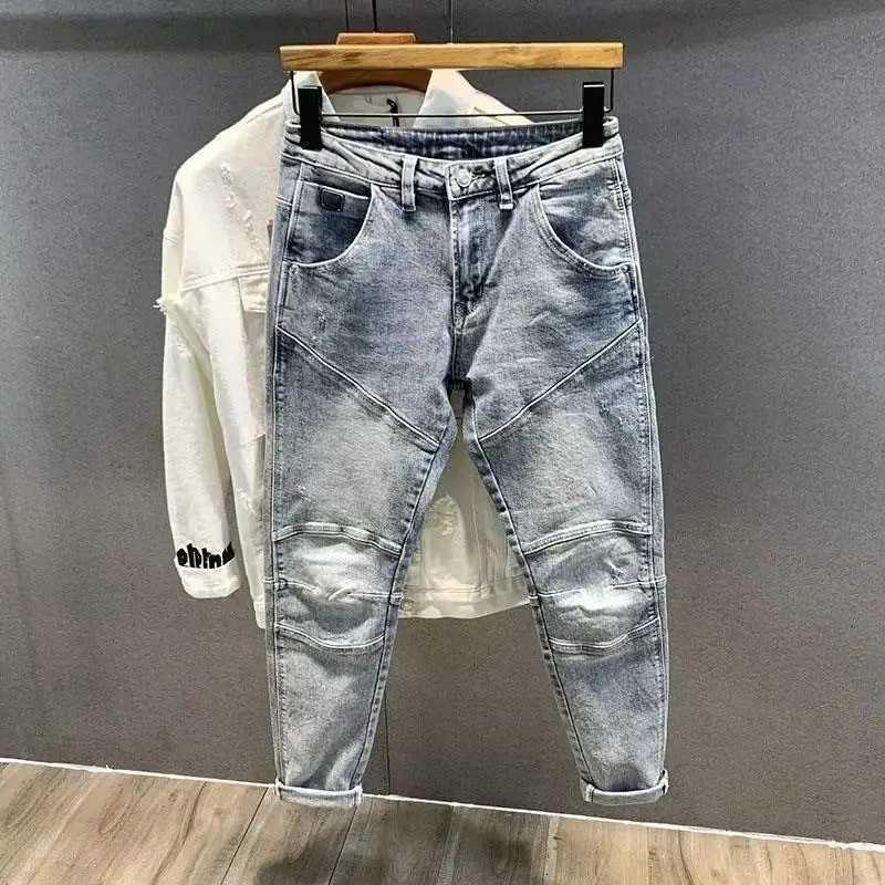 Mens Retro Jeans Casual Spring Autumn Slim Pencil Pants Vintage Distressed Motorcycle Stitching Embroidery Washed Skinny Jeans W250905