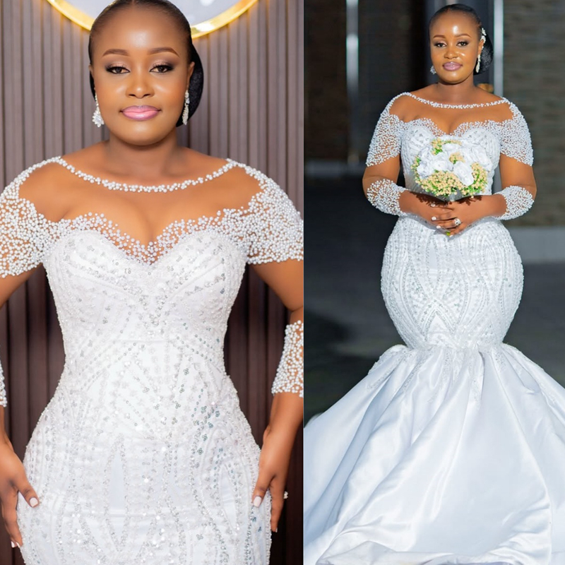2025 African Wedding Dress Bridal Gowns For Bride Mermaid Wedding Gowns Sheer Neck Illusion Long Sleeves Pearls Beaded Lace Bridal Dress For African B