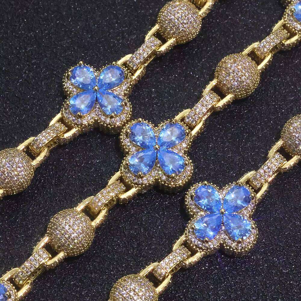 NUOYA Iced Out Four Leaf Clover Spherical Cuban Link Chain Bracelet Gold Sier Plated Dia Zircon Hip Hop Jewelry