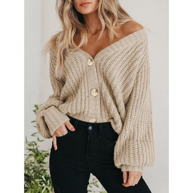 Women's Chunky Knit Open Front Sweater Long Sleeve Button Loose Short Cardigan Outerwear Coats