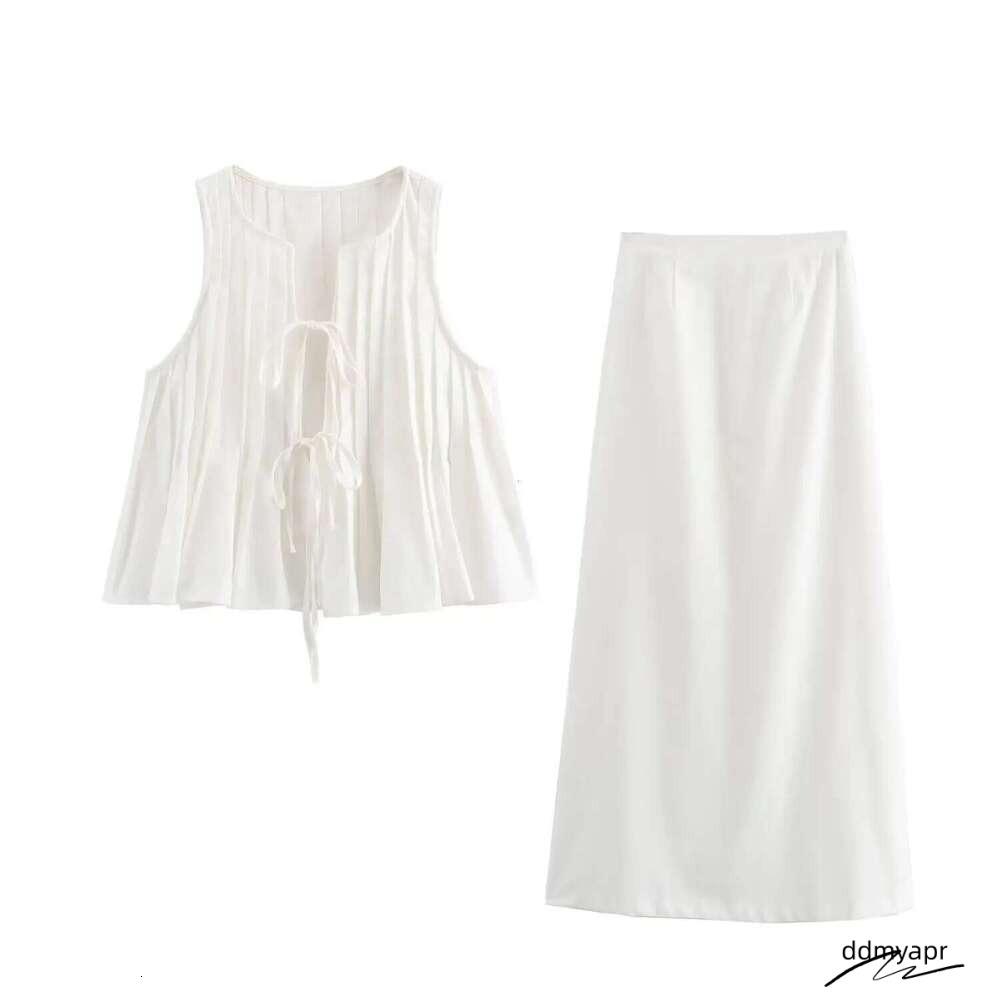 Linen Attire: Women's Long White Summer Dress Set ddmyday - Sleeveless Cotton Top & Elegant Skirt For Holiday Or Beach ddmyday ddmyday ddmyday