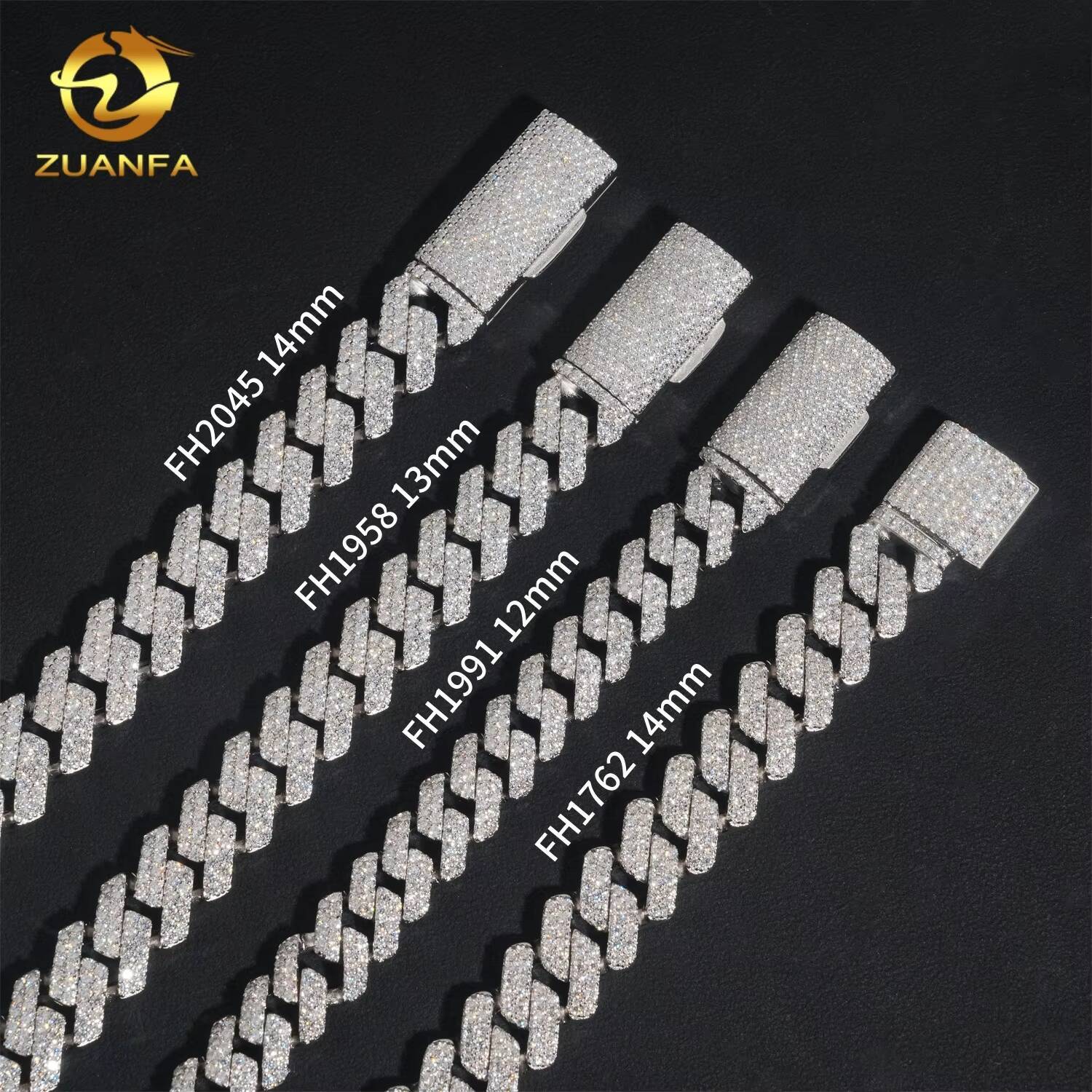 Ready to Ship High Quality 12mm 13mm 14mm Cuban Link Chain Moissanite Hip Hop Jewelry 925 Silver Solid Iced Out Cuban Link