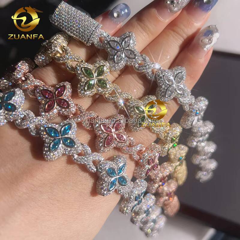 Hot Sale Colorful Moissanite Bracelet 925 Sterling Silver Gold Plated Hiphop Mens Mutilcolor Bracelets Gift