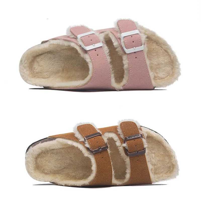 44 45 big size wool fur cork slippers women double buckle band long plush winter slides furry outdoor footwear flip flops women W250905