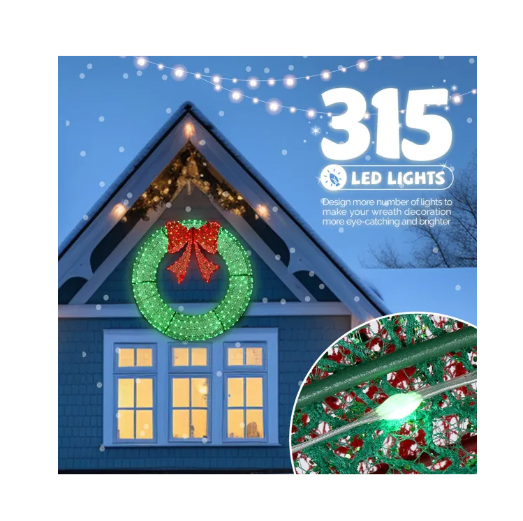48in Pre-Lit Outdoor Christmas Wreath Decoration LED Metal Holiday Decor for Home Exterior Garden w/ 315 Lights Bow Green/Red