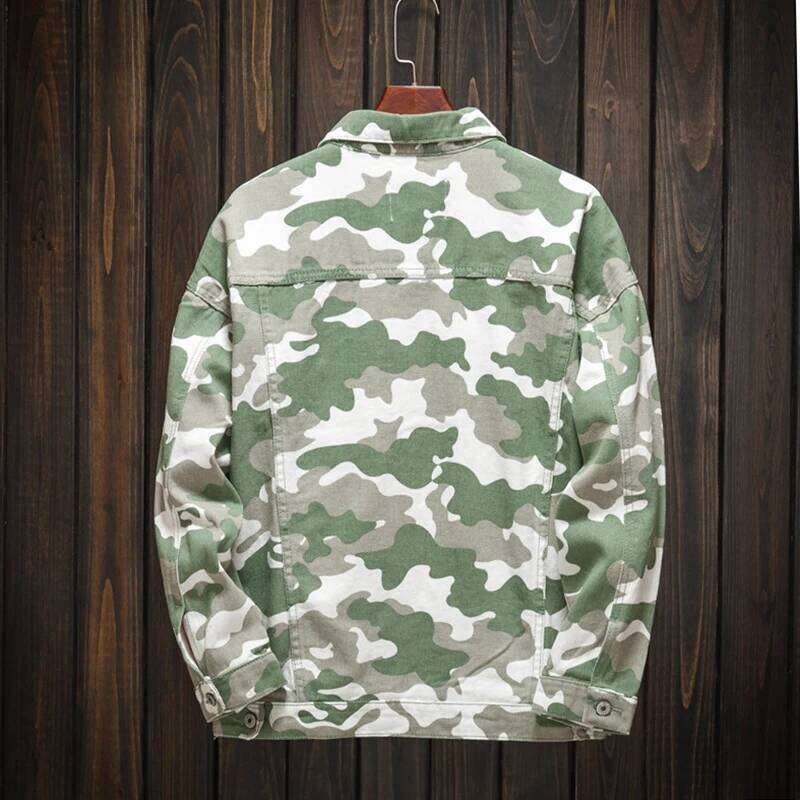 Men's Camouflage Printed Denim Jacket Casual Coat Army Green Red