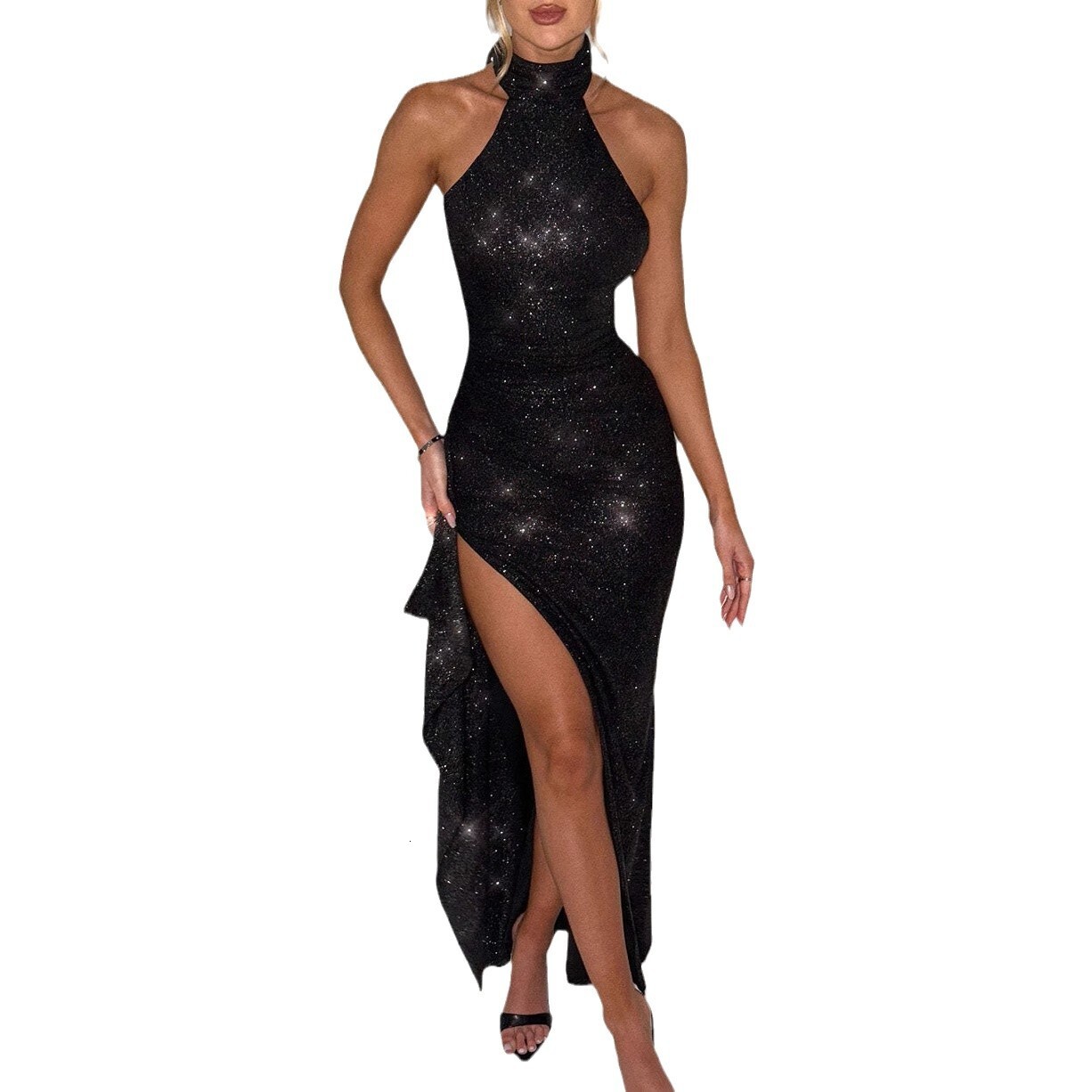 2025 Summer New Fashion Elegant Solid Color Shimmer Sexy Backless Side Slit OffShoulder Halter Dress for Women