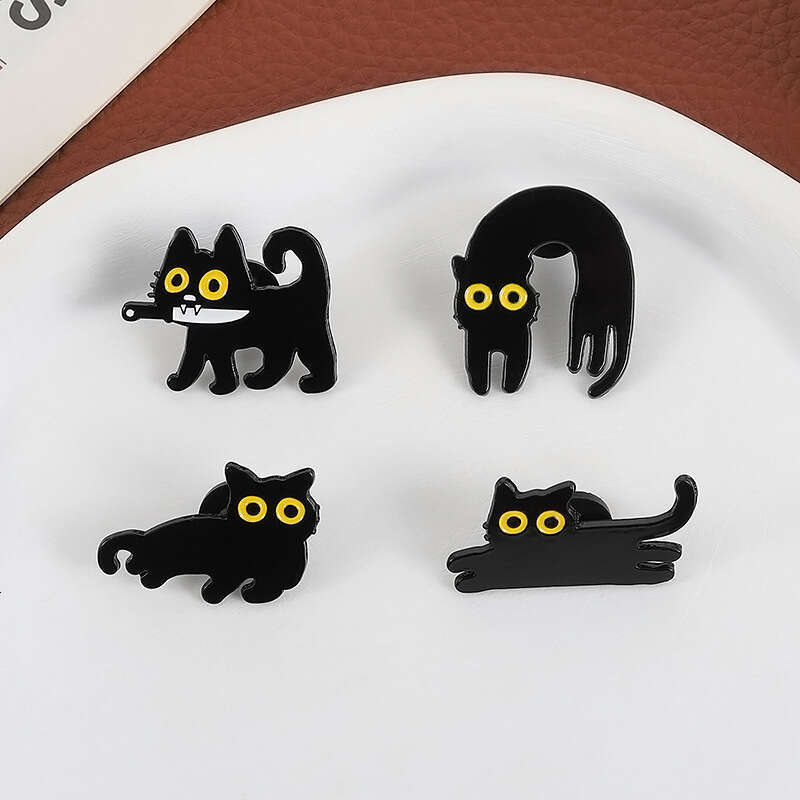 Hot Selling New Cute Black Series Brooch Creative Personality Cartoon Liquid Cat Design Badge