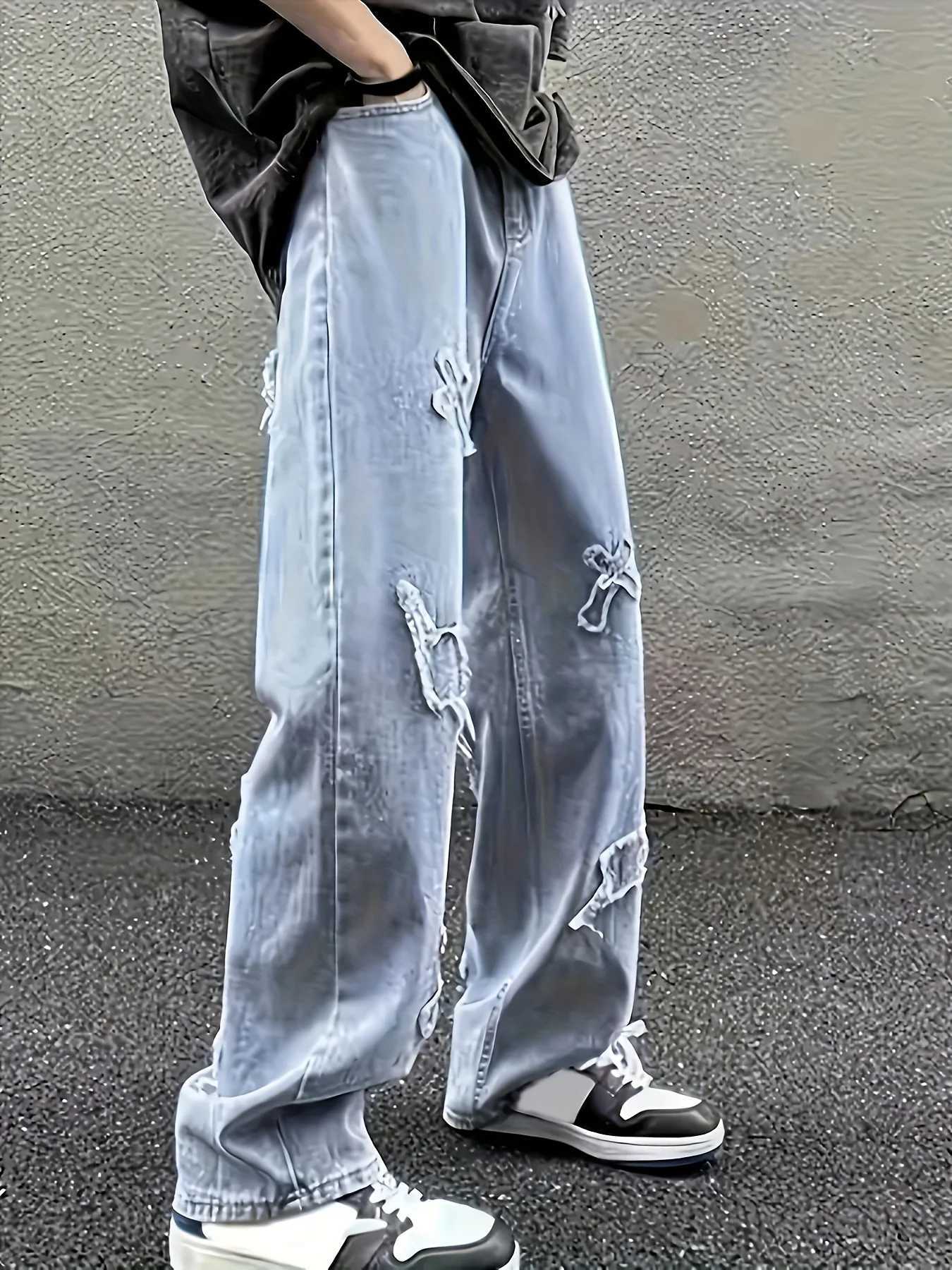 Mens jeans patch lightning jeans mens loose jeans wornout jeans W250905