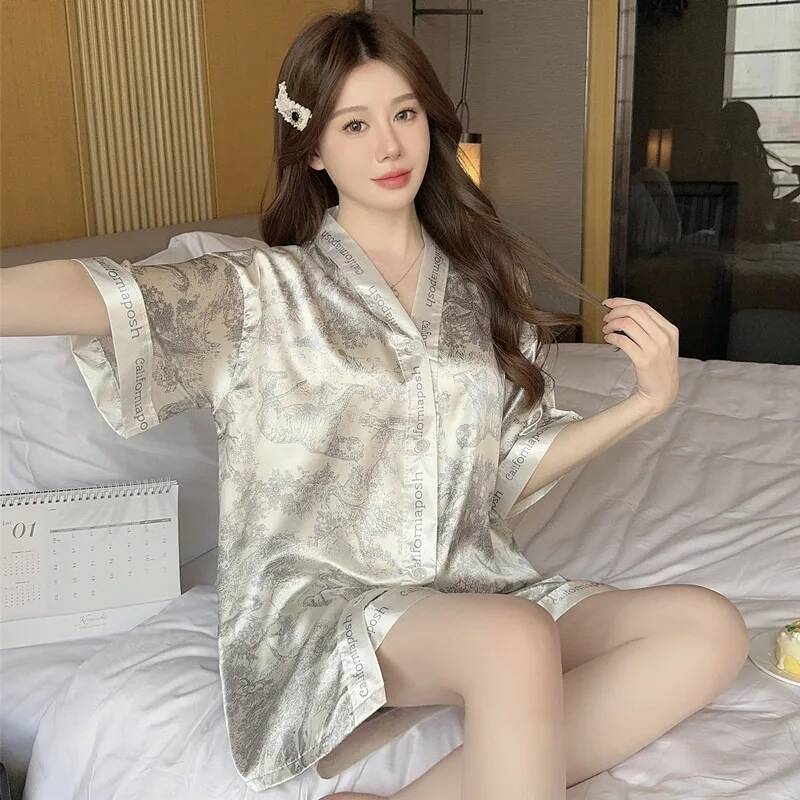 2025 sexy sleepwear for women in plus size short sleeved ice silk casual wear, V-neck fashionable printed women's summer sleepwear, home design w