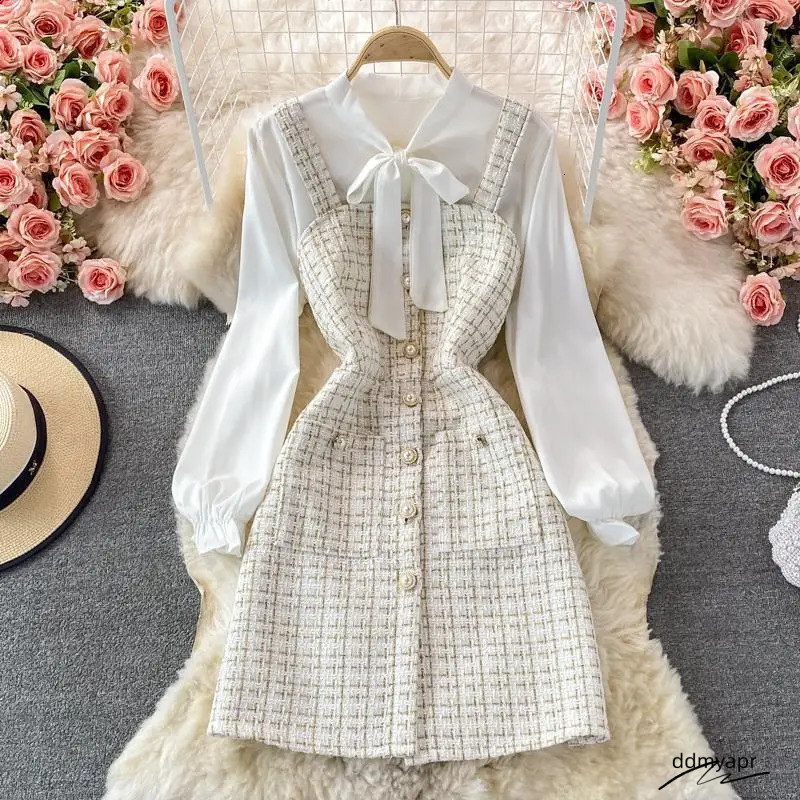 Elegant Chiffon Shirt Tweed Dress Sets Women Long Sleeve Lace Up Bow Shirts Vintage Sling Plaid Dresses Ddmydec Suits Oiffice Lady Y2k 240824