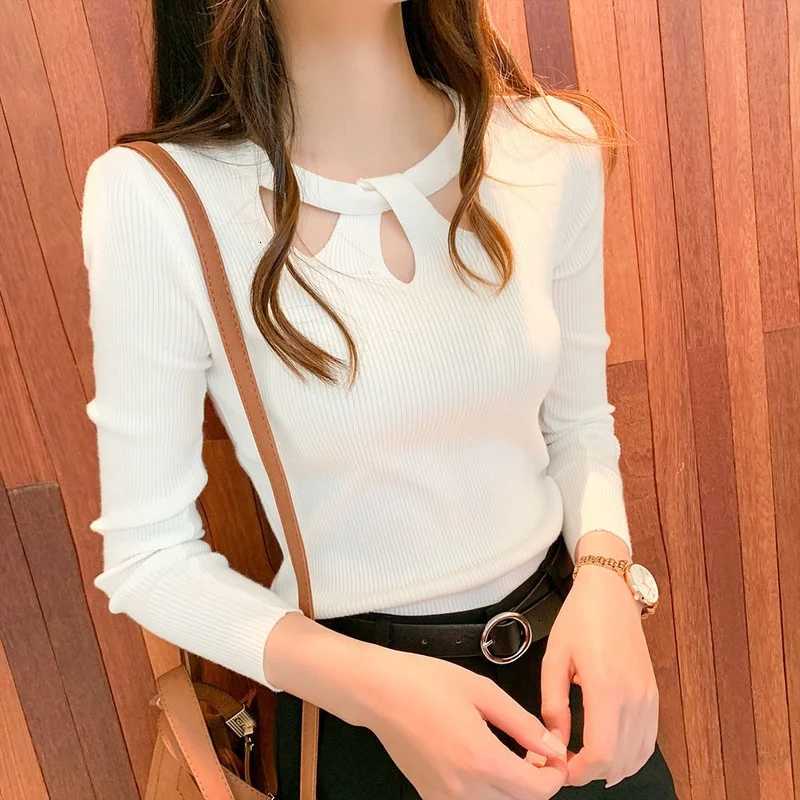 Womens Oneck Stretch Sexy Pullover Lady 2025 Autumn Winter Hollow Solid Color Sweater Slim Bottoming Shirt Jumper Sueter Z250905