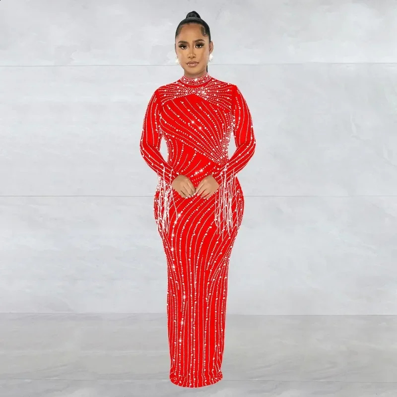 Women Mesh Tassel Long Sleeve Diamonds Rhinestones Bodycon Midi Maxi Long Dress and Tank Inner Dresses 2piece Suit 250815