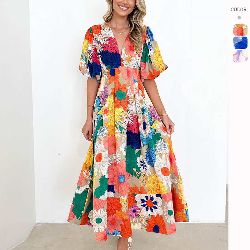 Womens Summer New Floral Print Puff Sleeve Aline Long Dress Elegant Dress
