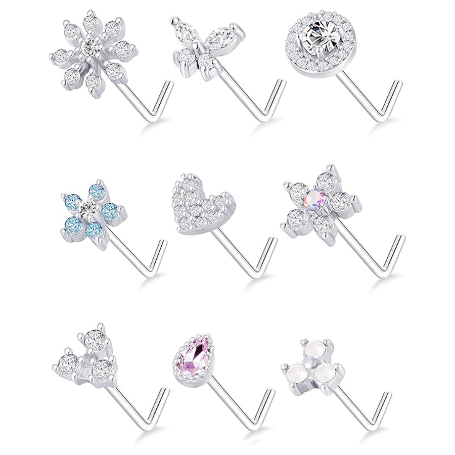 9Pcs Nose Rings Stud L Bone Screw Shaped Nose Ring Flower CZ Snowflake Butterfly Nose Stud Body Piercing Jewelry for Women Men 20G Silver Tone