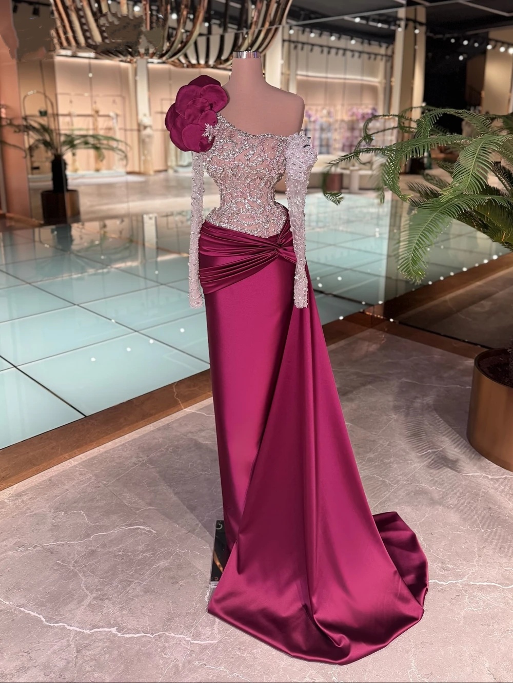 Unique Evening Dresses Crystal Beading Prom Dress Long Sleeve Side Train Off Shoulder Mermaid Slim Princess Party Gowns Vestidos De Noche Plus Size