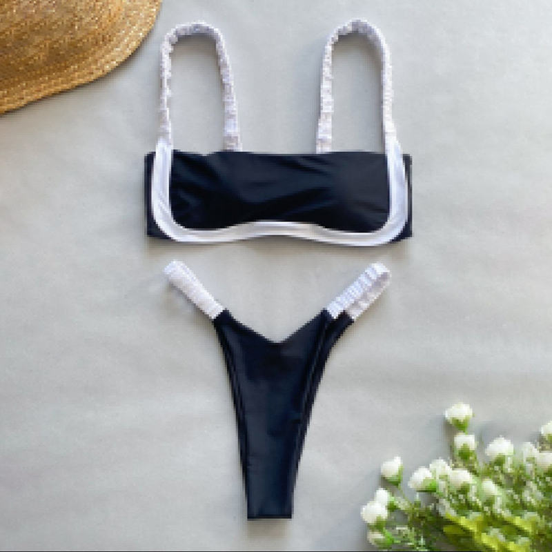 New black and white spliced European and American bikini set with backless white shoulder strap swimsuit for women