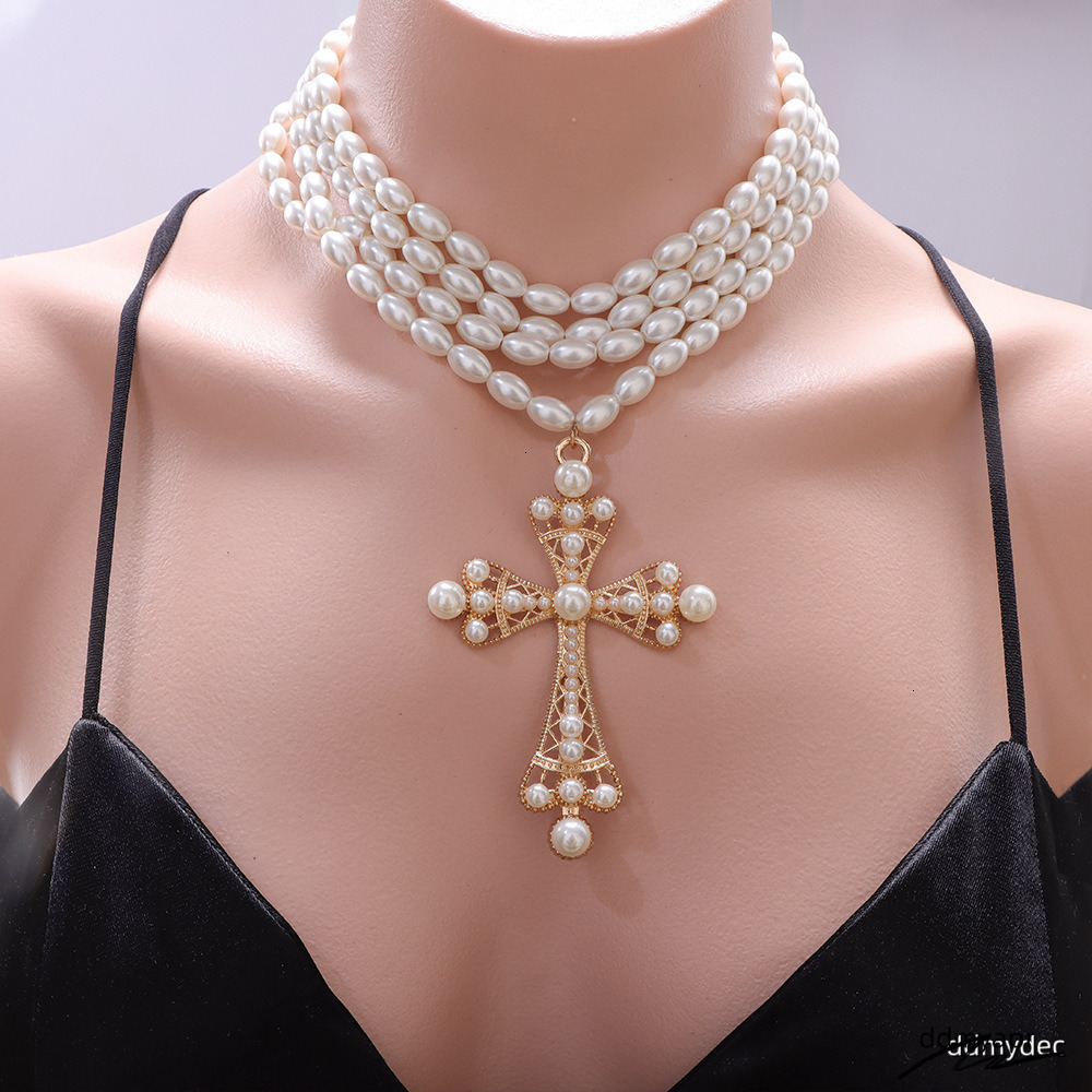 Cyberpunk Style Cross Fashion Exaggerated Micro-Set Imitation Pearl Layered ddmydec Necklace Jewelry ddmydec