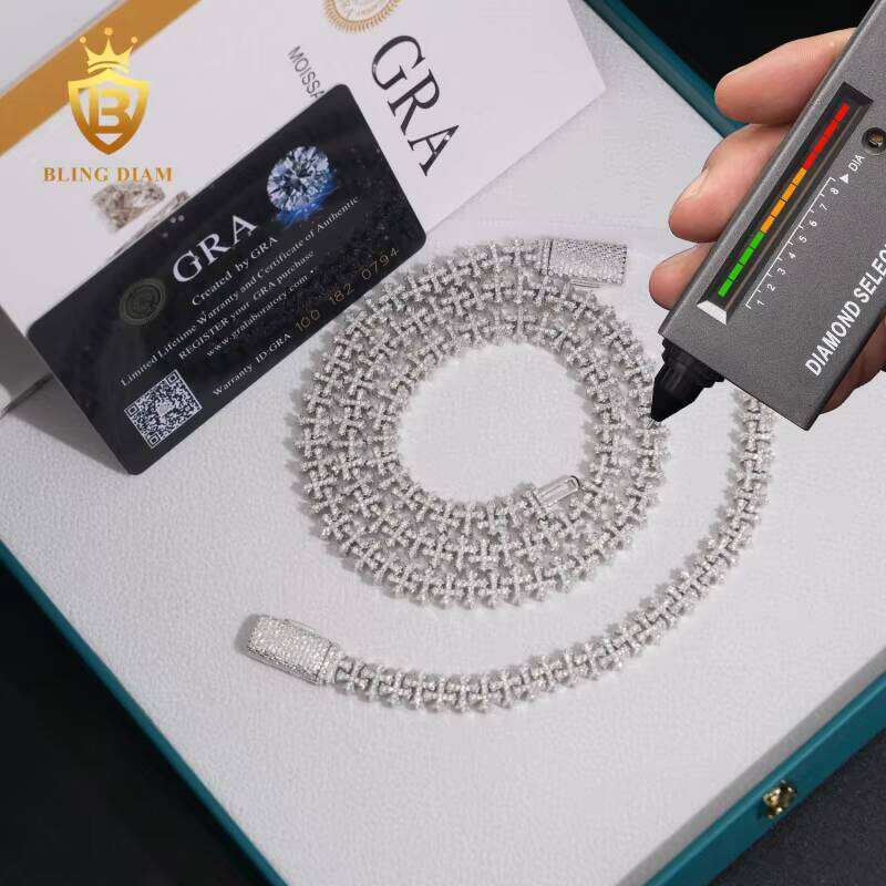 Fashion 8.5mm Cuban Chain Pass Tester VVS Moissanite Cross Necklace Sterling Sier Past Dia Test GRA