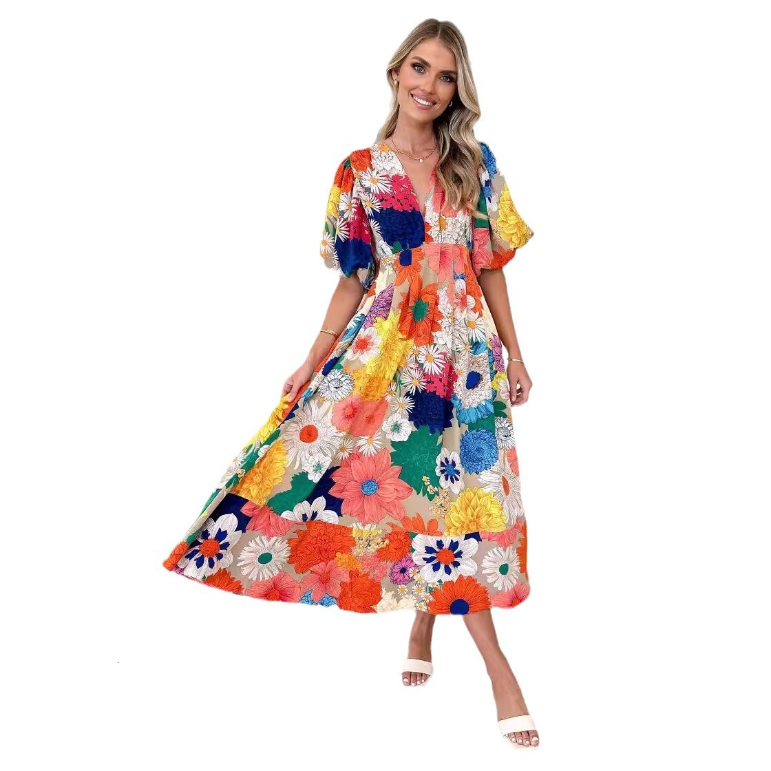 Womens Summer New Floral Print Puff Sleeve Aline Long Dress Elegant Dress