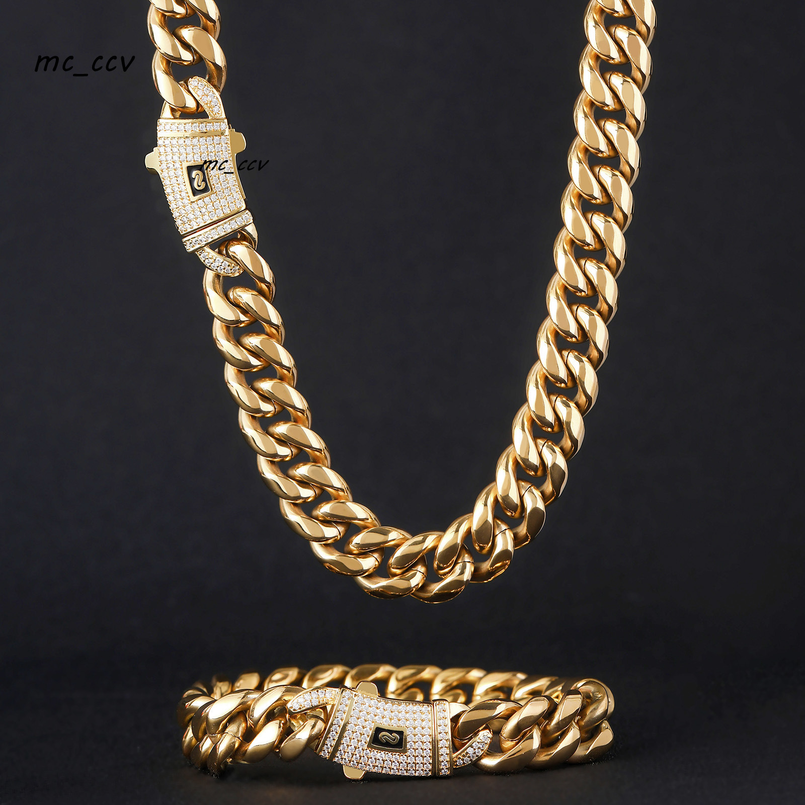 BES 614mm Miami Cuban Chain Necklace Bracelet Set 14K 18K Gold Stainless Steel Monaco Cuban Link Chain Necklace Hip Hop for Men