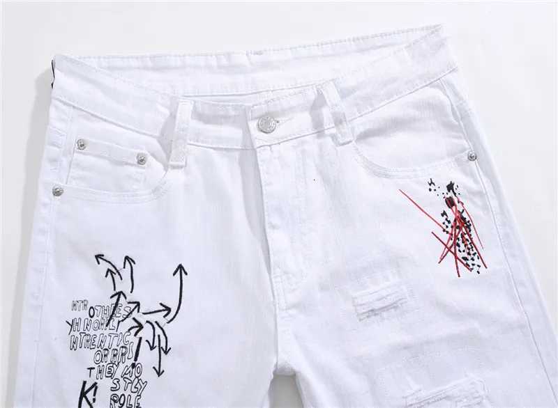 New Men Streetwear personality Ripped printed white skinny Jeans Hip Hop Punk Casual motorcycle stretch denim jeans trousers W250905