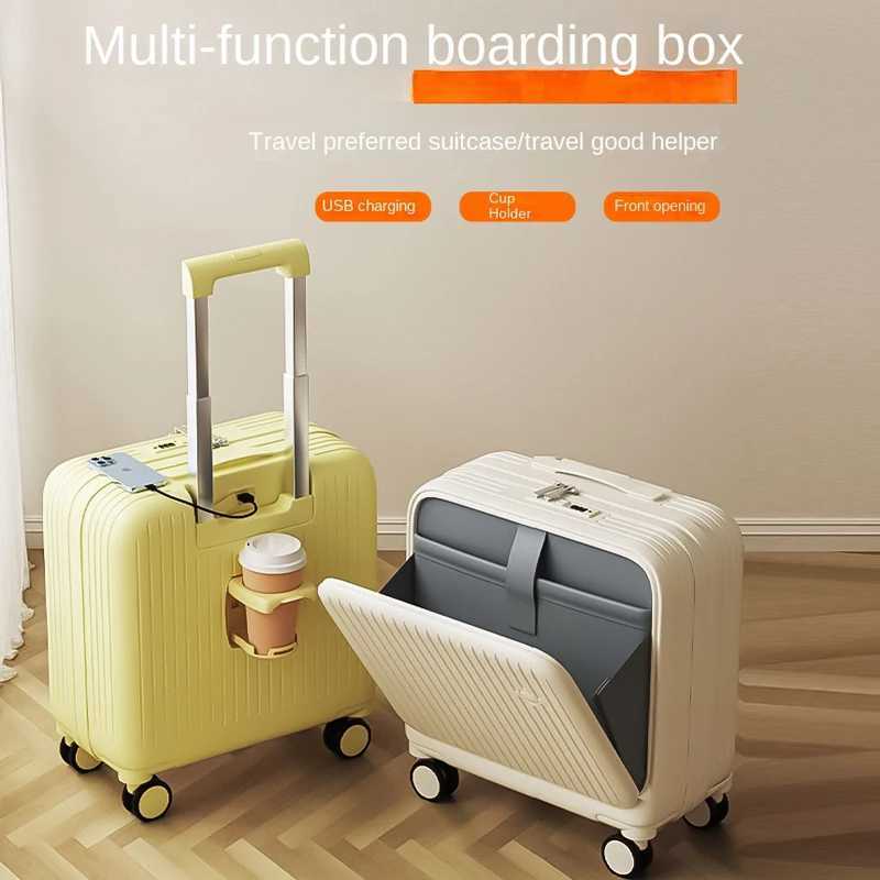 1820 inch Cabin Suitcase Front Opening Silent Wheel Trolley Case with Cup Holder Lightweight Luggage Z250905