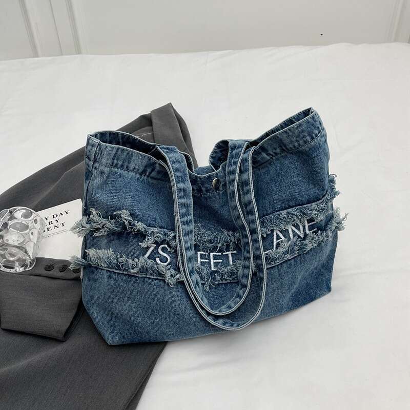 Letter Embroidery Designer Bags High-End Washed Denim 2025 New Korean Style Casual Mommy Tote Shoulder Bag Trendy