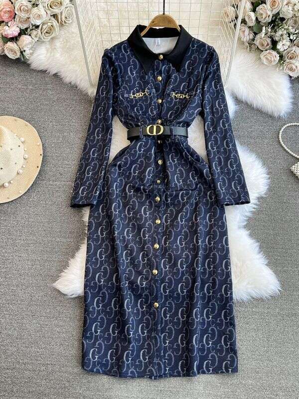 Spring And Autumn High-End Socialite Elegant Long-Sleeve Turn-Down Collar Elegant Waist-Cinching Mid-Length A-Line Letter Print Shirt Dress