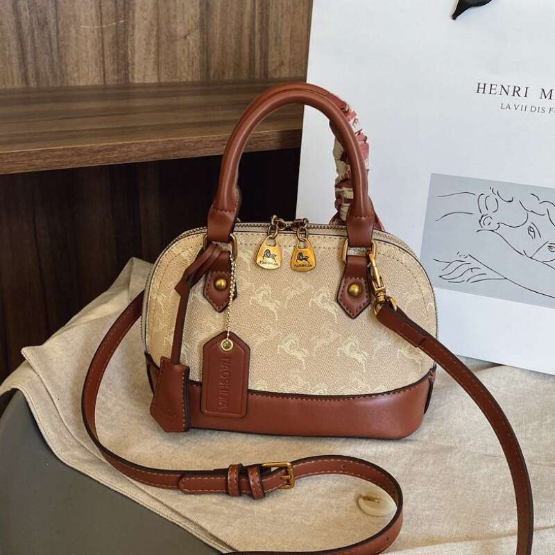 Designer Bag Luxury Bag Summer PU Clutch, Camel/Khaki, Letter Print, Shell Shape, Shoulder Bag 3-Strap Design, Vintage European Style