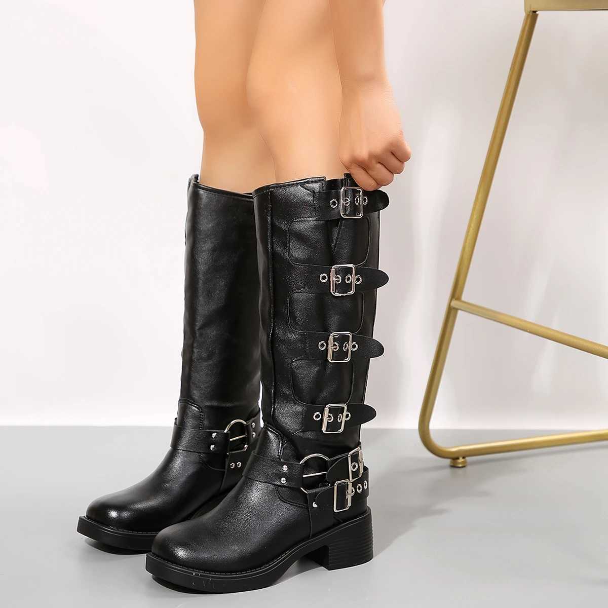 Women Comfortable Metal Decoration Knee High Long Boots Woman Autumn 2024 Trend Chunky Heels Motorcycle Boots Shoes for Women L250905