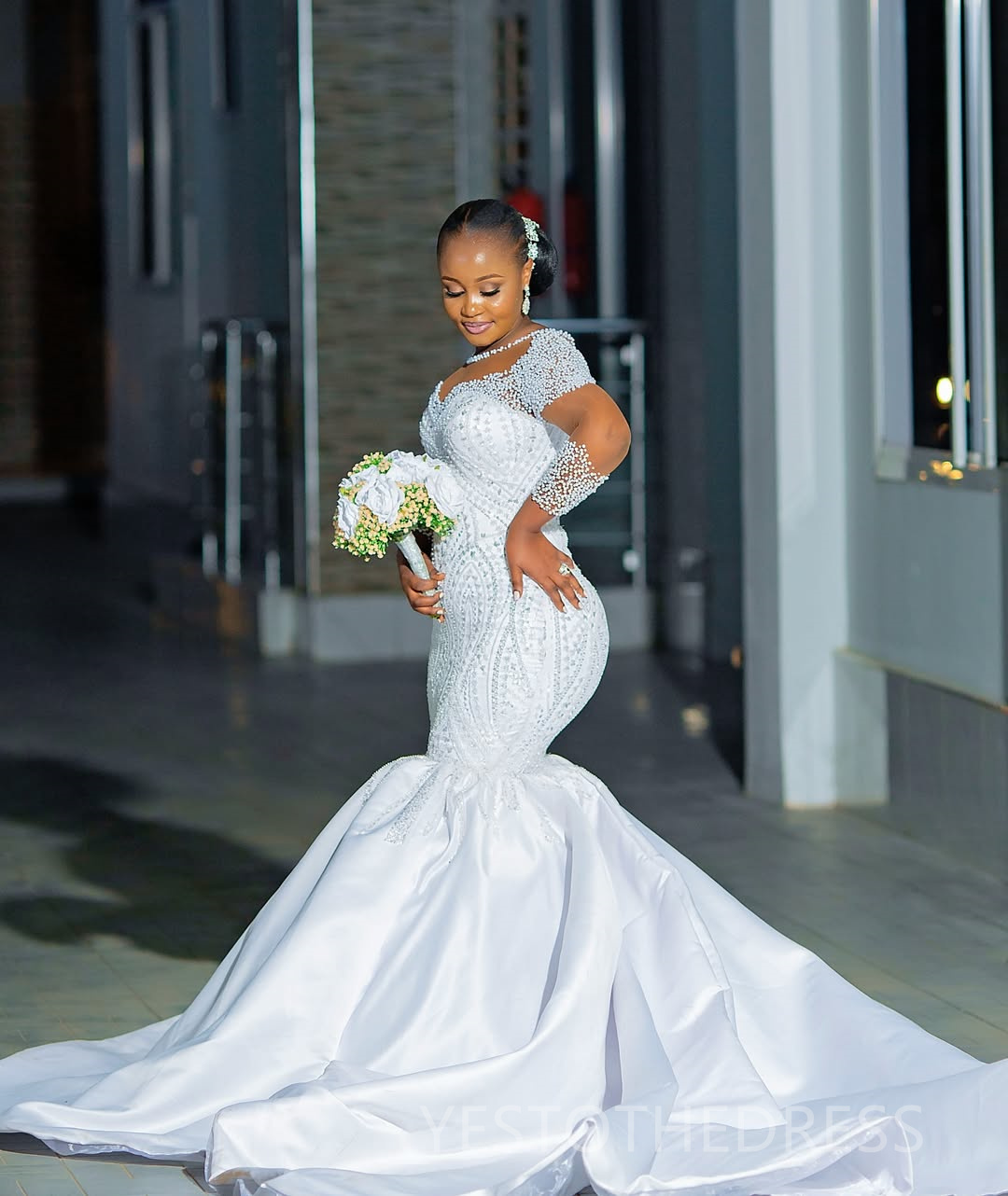 2025 African Wedding Dress Bridal Gowns For Bride Mermaid Wedding Gowns Sheer Neck Illusion Long Sleeves Pearls Beaded Lace Bridal Dress For African B