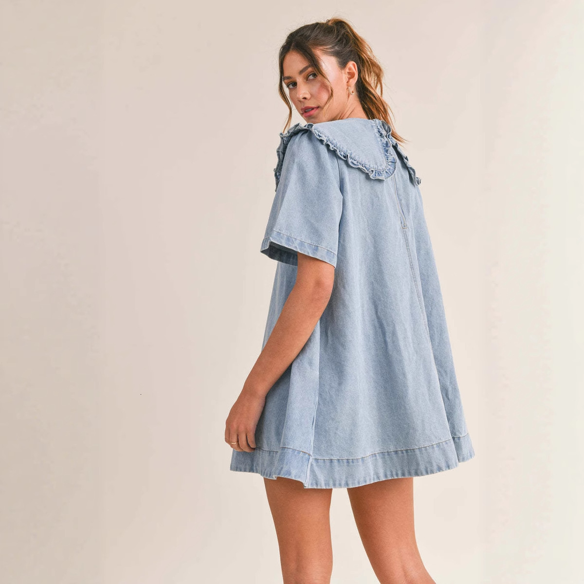 Denim Dress Women 2025 Summer New Turndown Collar Loose Ruffle Dress