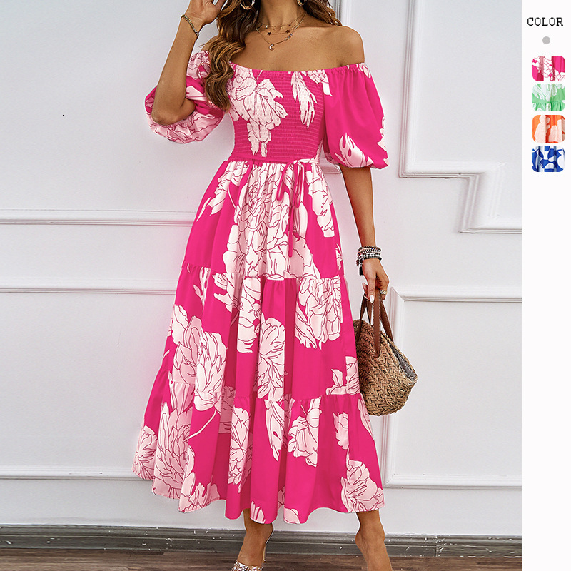 Summer New Elegant Printed OffShoulder Puff Sleeve Fashion Flared Dress