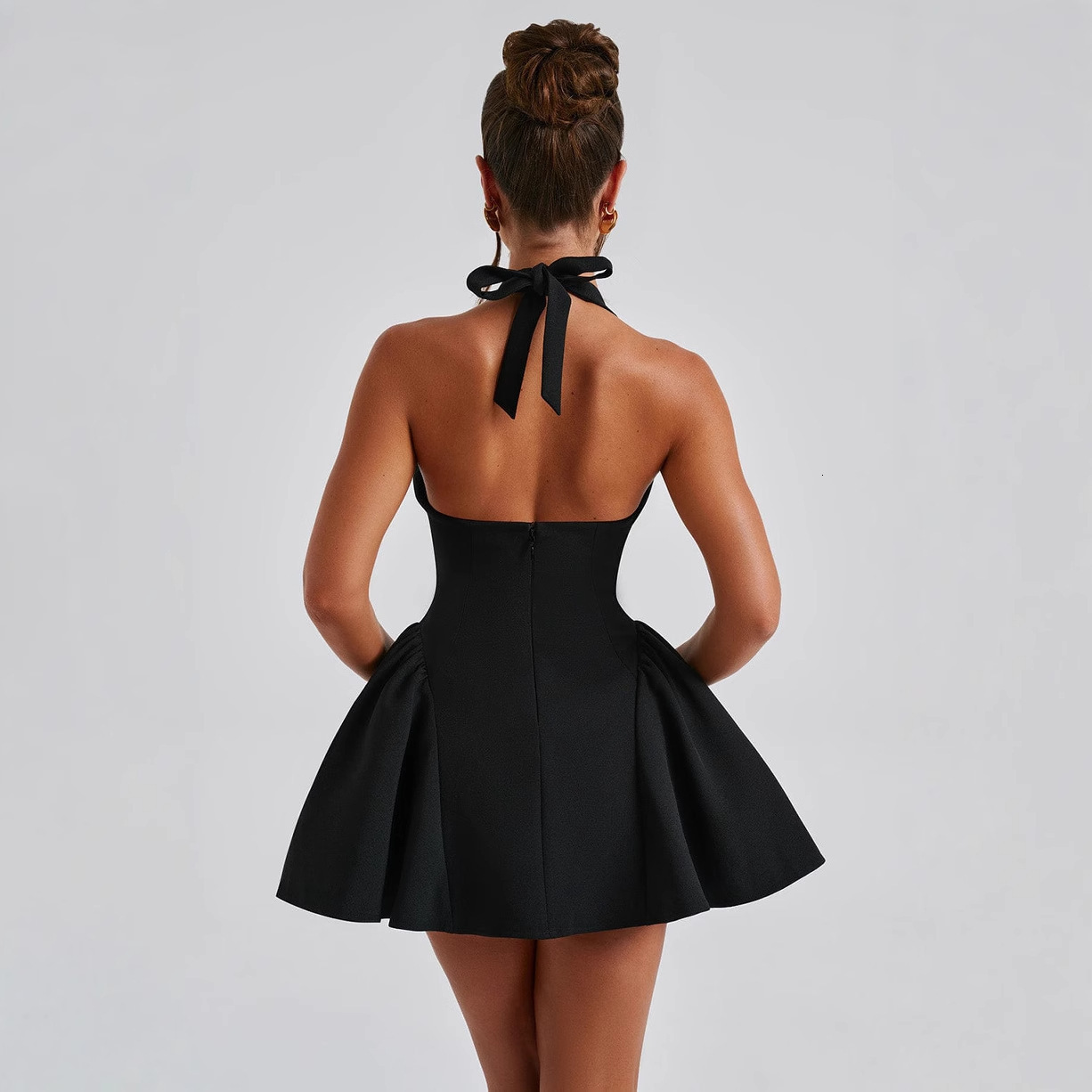 2025 Spring Summer New Sexy Deep V Neck Halter Dress Solid Color Sleeveless Waist Slimming Dress Womens Dress