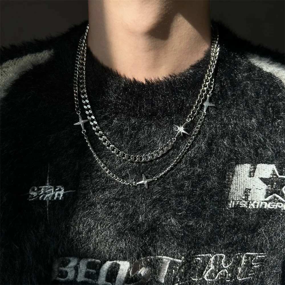 Hip Hop Doublelayer Star Cross Necklace For Man Woman Steel Clavicle Chain Choker Punk Male Accessories Wholesale 250905