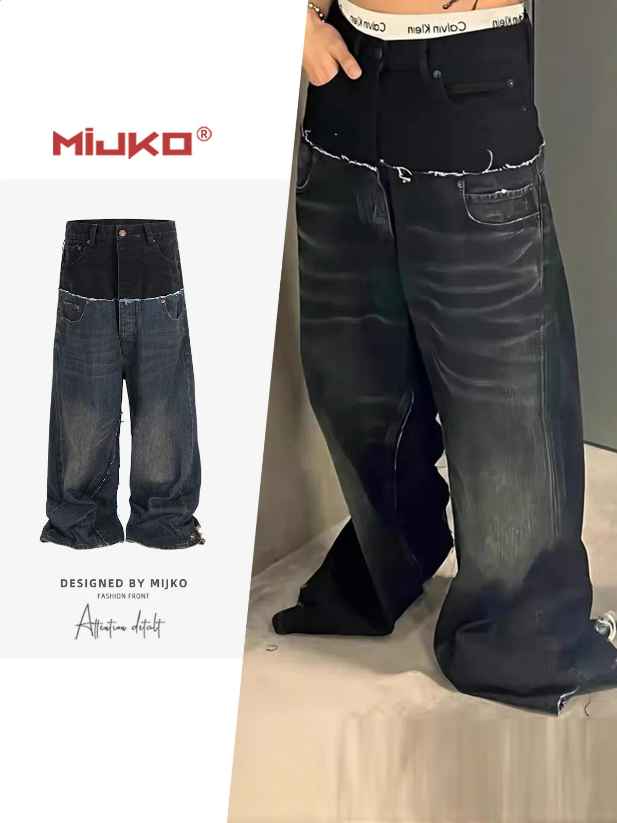 MIJKO Mens Cotton Casual Black Blue Loose Straight Jean CUTUP Pants 250823