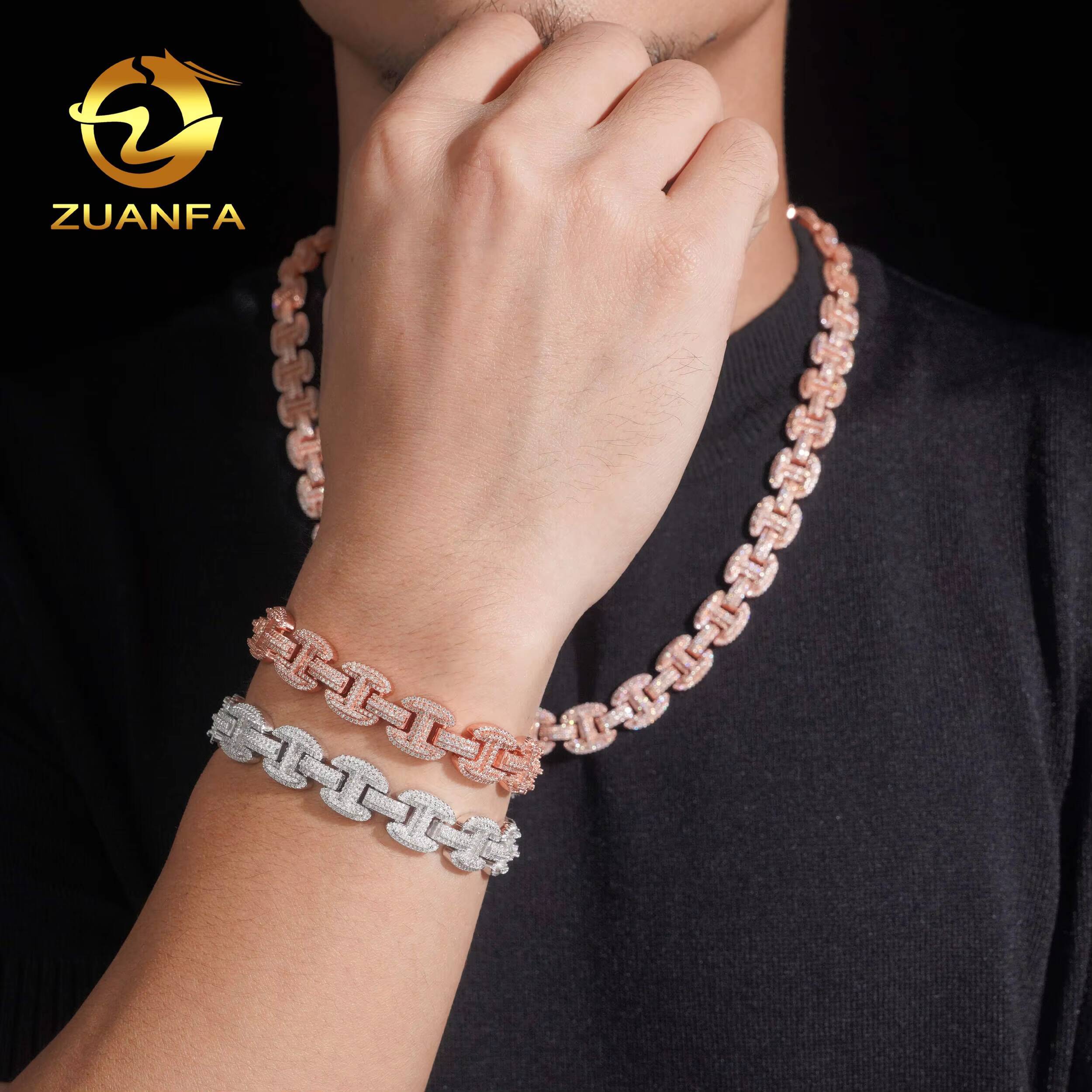 New Arrival Hip Hop Style Iced Out Jewelry 12mm Rose Gold 925 Sterling Silver Moissanite Cuban Link Chain