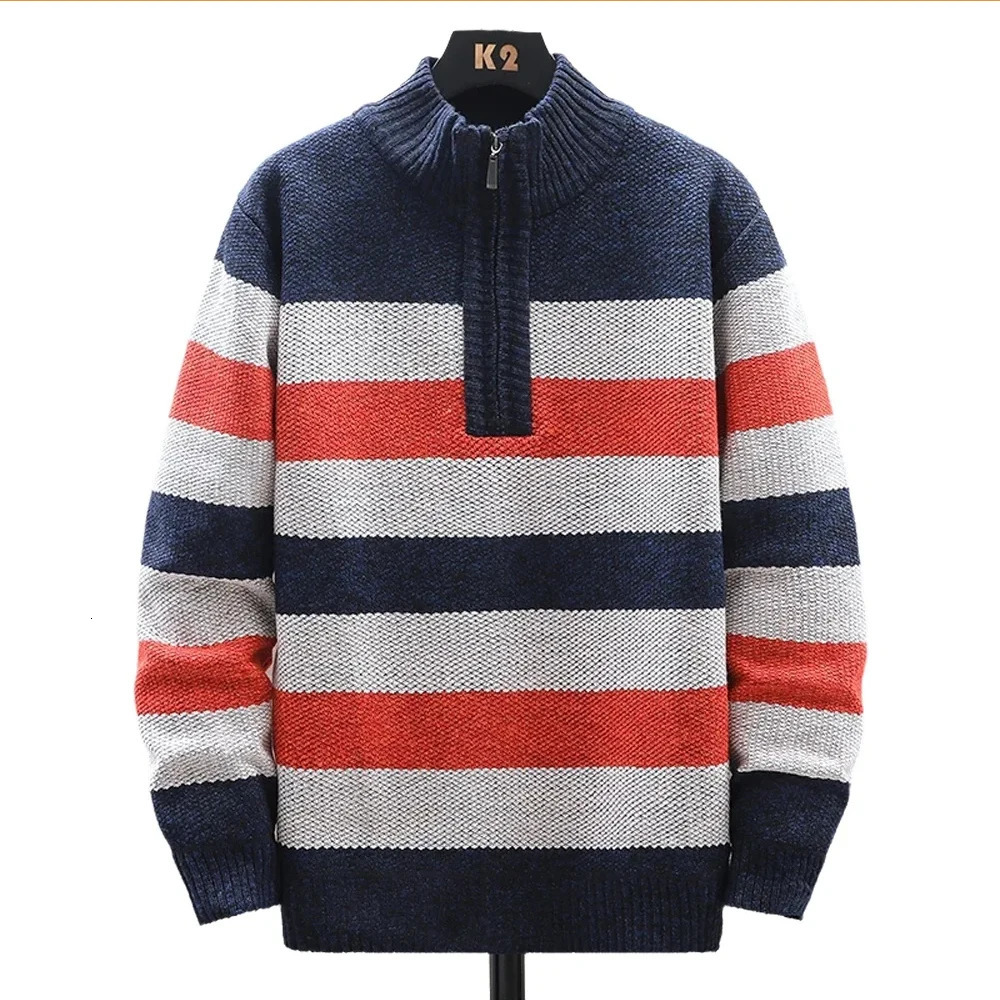 Mens Sweater Thick Fleece Lined Pullover Quarter Zipper Autumn Winter Clothes Boys Stand Collar Knit Sweaters 250905