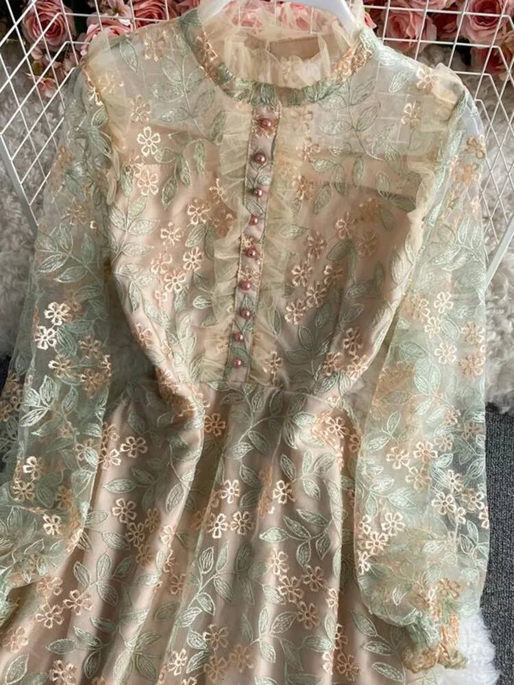 2025 New Luxury Mesh Lace Embroidered Flower design Dress Summer New Women's Long Sleeve Flower Embroidered Ruffle Office Party Midi Dress Design