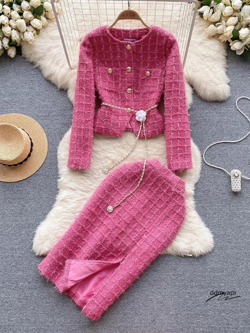 Women's Two Piece Outfits: Elegant Wool Blend Tweed Skirt Suit Set With ddmyday Chain Belt For Autumn Fashion ddmyday ddmyday