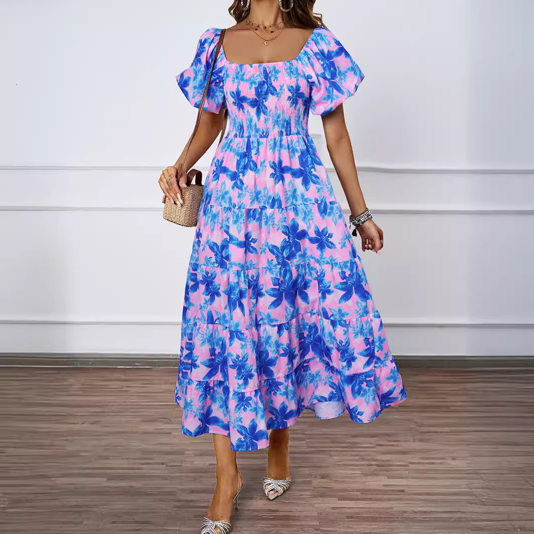 Summer New Elegant OffShoulder Printed Puff Sleeve Dress for Women