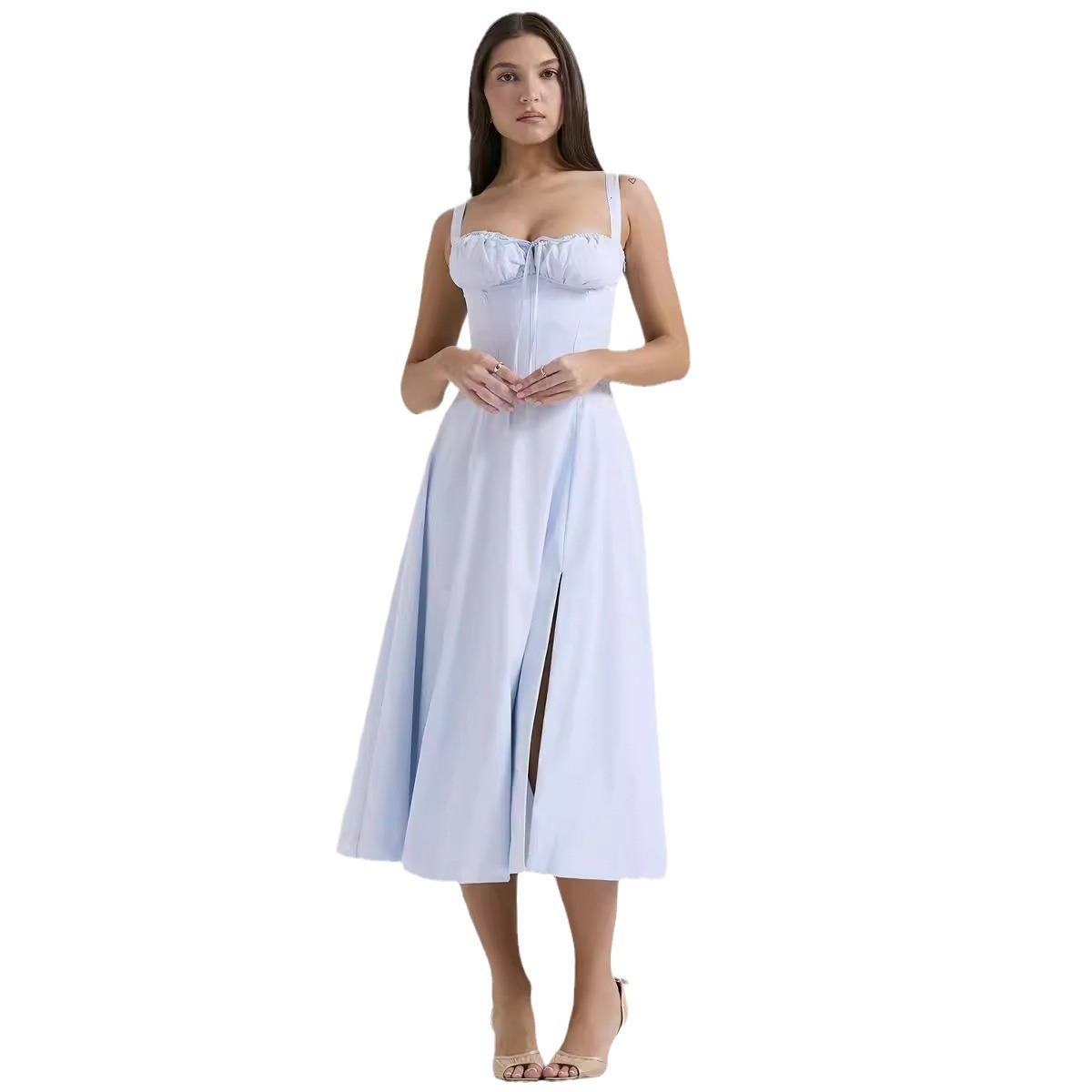 Summer New Sexy Backless Slim Strap Dress Vacation Style Floral Split MidLength Dress