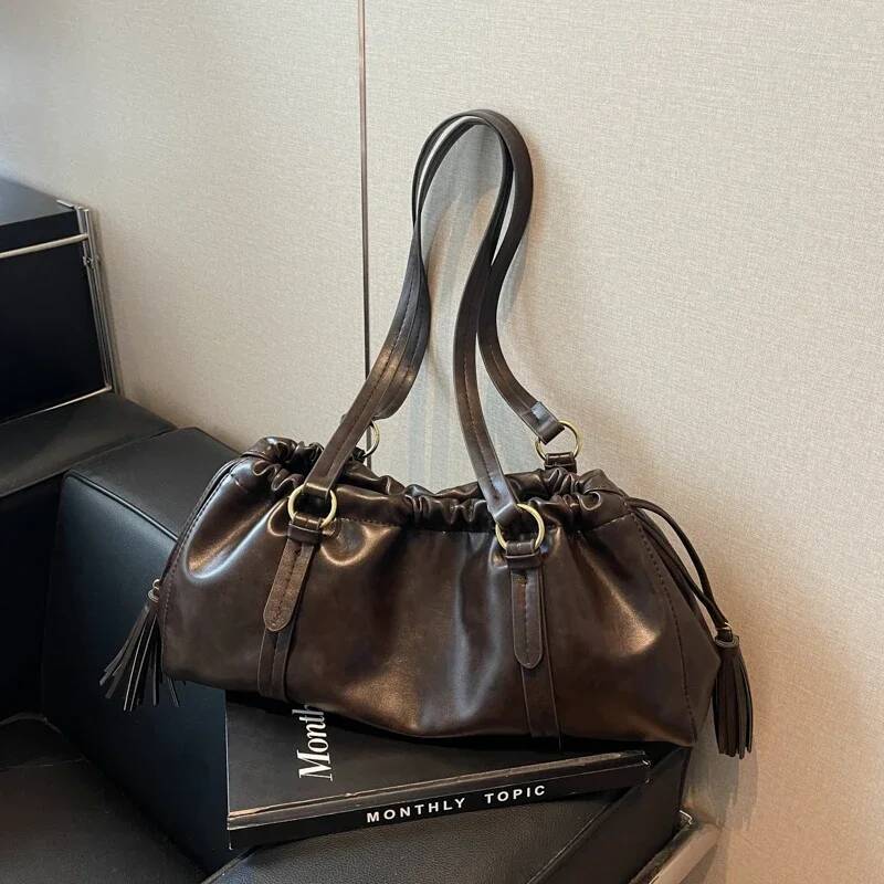 Vintage Womens Retro Tote Large Capacity PU Leather Boston Ruched Buckle Closure Hobo Bag Solid Color for Outdoor Travel high-quality