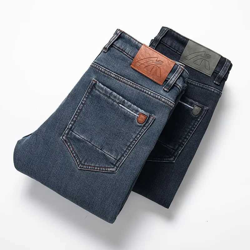 Winter Warm Mens Jeans Fleece Thickened Elastic Smoke Gray Black Business Straight Casual Denim Pants Brand Man PlushClothes W250905
