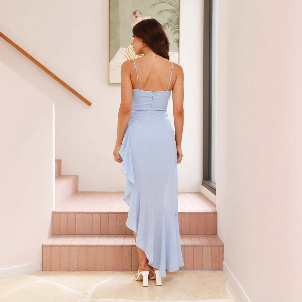 2025 Summer Sexy Womens Spaghetti Strap Backless Ruffle Irregular Dress Gown