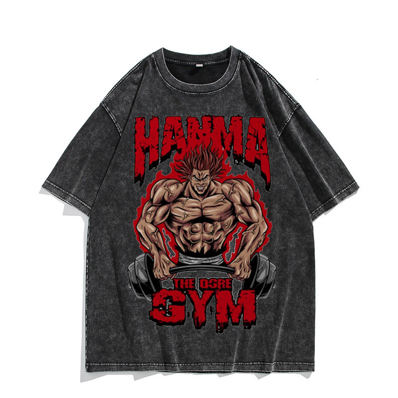 European & American Washed Vintage Short-Sleeve T-Shirt Anime Baki Hanma American High-Street Top - TT8295